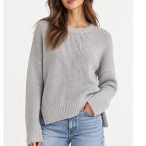 360 Cashmere Knit Crewneck Side Slit Sweater Pullover Light Gray Size Small